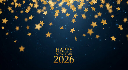 Image of golden stars falling against a dark blue background, representing the Happy New Year 2026 celebration and festive mood, creating a joyous feeling