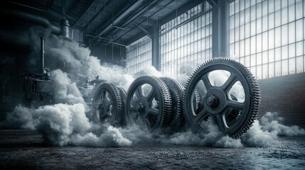 Large industrial gears are partially obscured by thick plumes of white steam in a dimly lit factory setting. Large windows with grid patterns line the backgroun