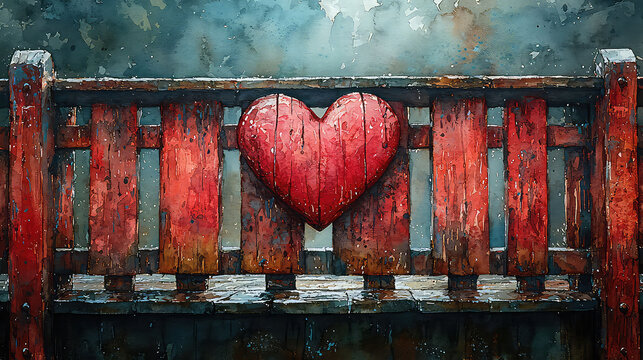Rustic red heart on weathered wooden fence for Valentine's Day or loving concepts