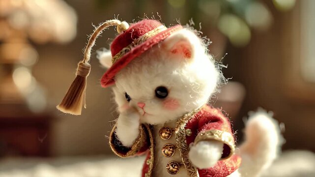 Cat toy wearing red jacket and hat with decorative tassels