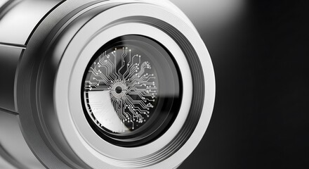 Premium macro of a medical-grade neural sensor lens made of brushed aluminum and glass, realistic reflection, futuristic optical precision.