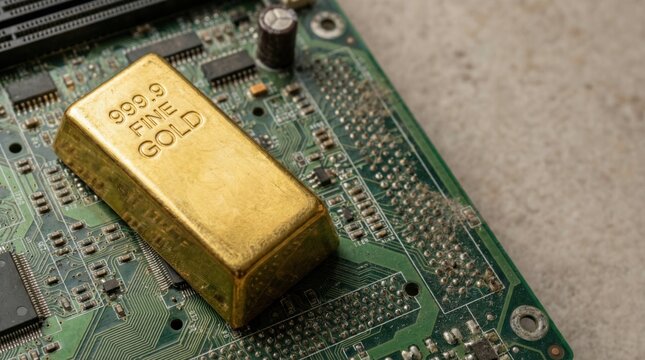 Fine gold bar resting on computer circuit board representing value of AI technology and digital assets.