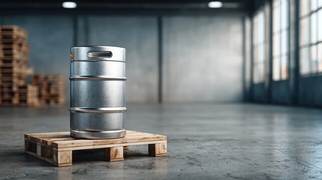 Single stainless steel beer keg on wooden pallet in spacious sunlit industrial warehouse with blurred pallets and windows in background, concept for brewery logistics