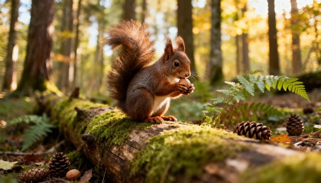 Adorable red squirrel eating nut on mossy log in sunlit forest, close-up macro detail, bokeh background, autumnal woodland scene - Powered by Adobe