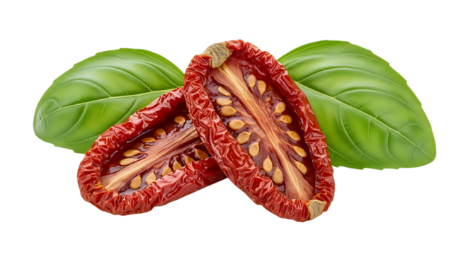Two halves of sun dried tomatoes with seeds and green basil leaves, isolated on a transparent background, cutout, PNG