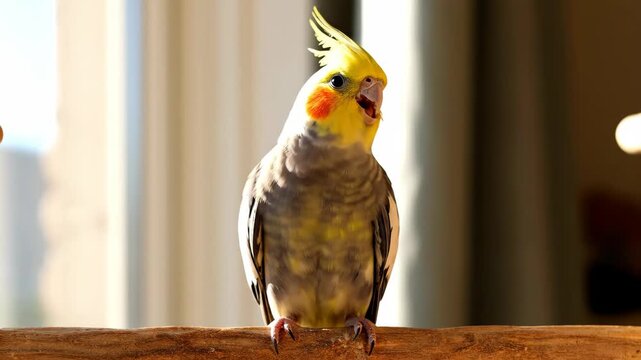 Vibrant cockatiel perched on a branch, singing joyfully in a sunlit room