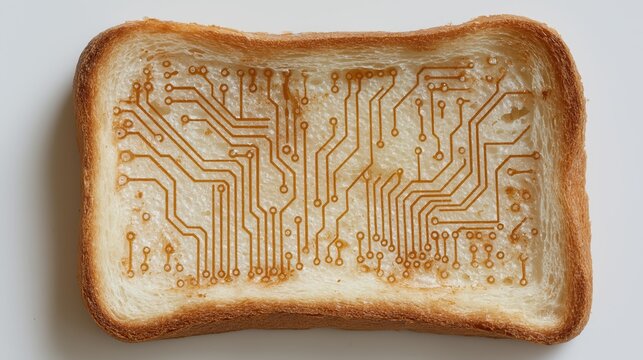 Circuit board pattern on a slice of toast for digital food concept. Technology integrated into daily life and smart food.