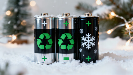 Friendly eco christmas gift idea for sustainability with rechargeable battery and recycle symbol in winter snow