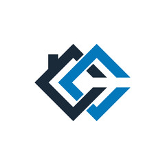 Blue real estate logo concept featuring linked square shapes creating a home roof, symbolizing unity and construction