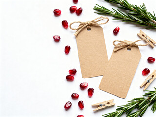 Blank Kraft Paper Gift Tags with Pomegranate Seeds and Rosemary Mockup