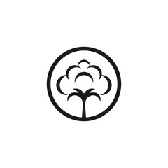 Minimalist cotton flower vector graphic in a circular frame. A simple black and white icon representing natural fiber, agriculture, and purity