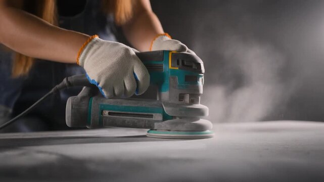 Person using electric orbital sander with protective gloves on dusty surface in industrial setting
