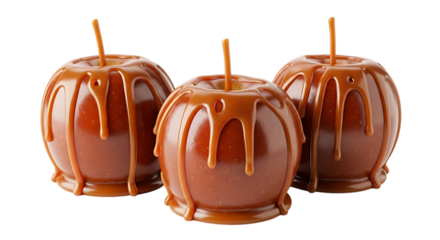 Three glossy caramel apples with sticks dripping with rich caramel sauce, isolated on a transparent background, cutout, PNG