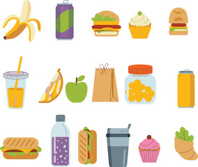 Food and drink cartoon vector set, snacks, beverages, fruits, fast food, desserts, flat illustration, side view, nutrition and lifestyle concept