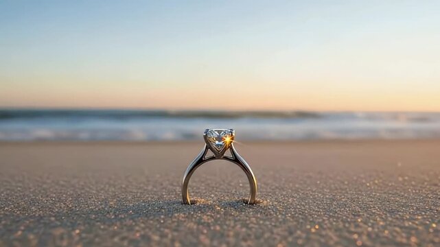A stunning diamond engagement ring, featuring a brilliant oval-cut center stone and an elegant pav&eacute;-set band, rests gently on a rugged, moss-covered stone surface. Bathed in soft, golden light, the pr