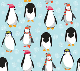 pattern with cute penguins and snowflakes on  blue background.