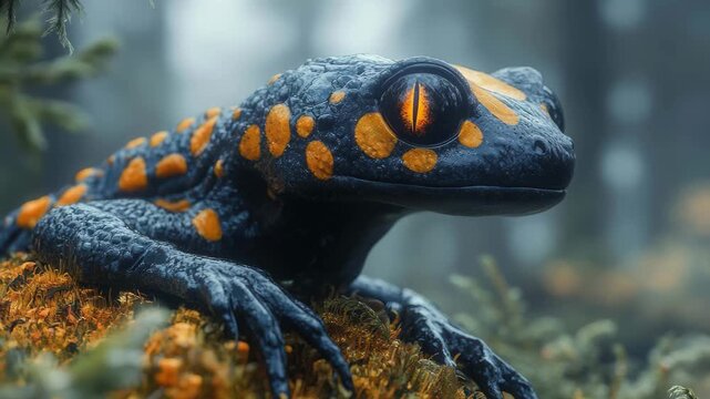 Colorful amphibian rests on mossy surface in a misty forest