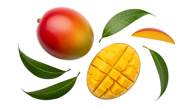 Mango with leaves and sliced pieces floating Keywords: mango, fruit, tropical, food, sweet, ripe