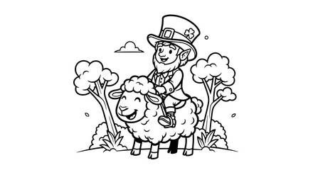 Whimsical St. Patrick's Day Illustration: Leprechaun Riding a Smiling Sheep in Festive Style