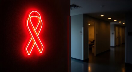 Neon Red Ribbon Glowing in Dark Clinic Hallway for AIDS Awareness
