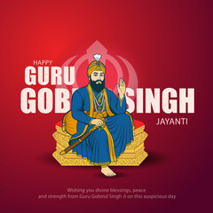 Obraz premium Guru Gobind Singh Jayanti Illustration – Sikh Guru Artwork with Sacred Red Background