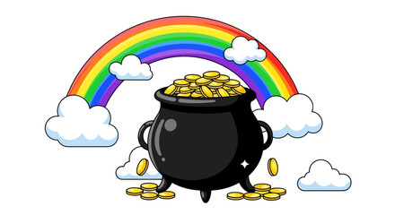 Charming Pot of Gold Vector Illustration with Rainbow, Clouds and Festive Golden Coins