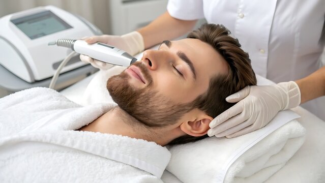 Young man receiving professional facial treatment in beauty salon