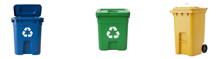 Three colorful recycling bins in a row with recycling symbols against a plain studio setting on transparent background