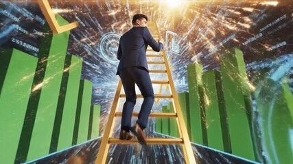 A person in a suit climbs a golden ladder toward light surrounded by data visualization - Powered by Adobe