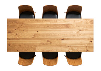 top view of setting of wooden table with six chairs for meeting or restaurant isolated on white