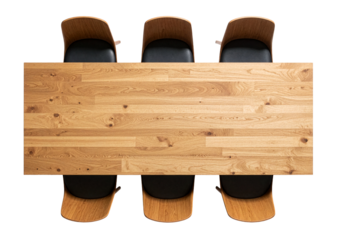 top view of setting of wooden table with six chairs for meeting or restaurant isolated on white