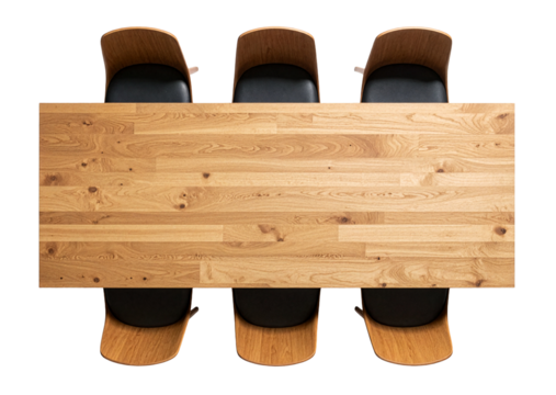 top view of setting of wooden table with six chairs for meeting or restaurant isolated on white