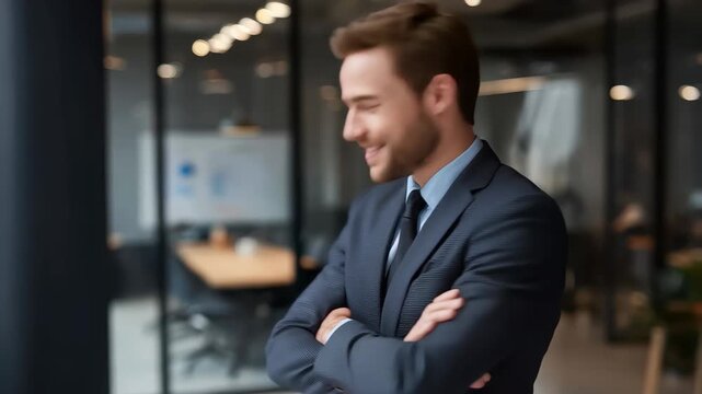 Confident young professional stands in modern office setting with arms crossed, showcasing a strong business presence and readiness to engage with clients