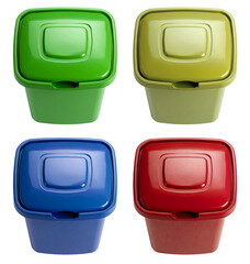 set of top view of closed trash bin in four colors isolated on white