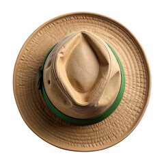 top view of brown bucket hat with green band isolated on white