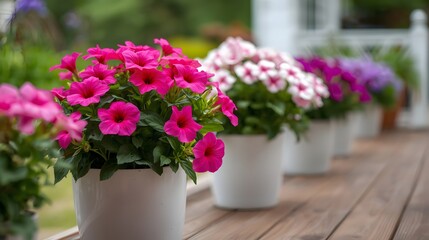 Row of colorful potted flowers on a wooden deck in summer