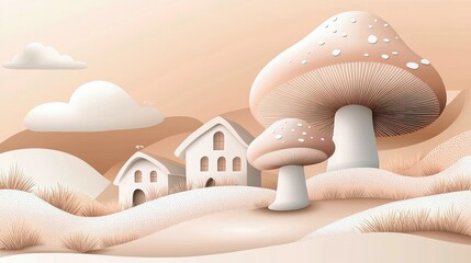 A charming, stylized landscape featuring oversized mushrooms resembling houses, nestled among rolling hills with soft, pastel-colored clouds in the sky. The sce