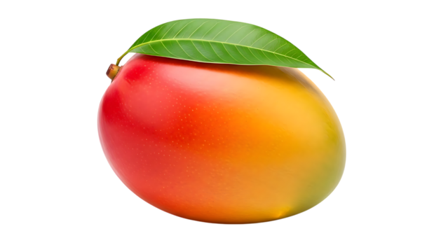 Single Ripe Mango With Green Leaf On Black Background