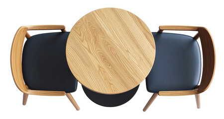 two foam-padded wooden chairs facing each other across the round table isolated on white