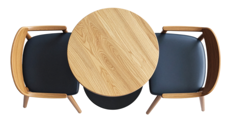 two foam-padded wooden chairs facing each other across the round table isolated on white