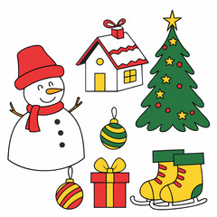 Cartoon Christmas Vector Set with Holiday Decorations