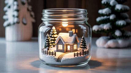 Illustration of cozy winter scene inside a glass jar with a glowing house and snow