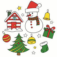 Cute Christmas Illustration Set with Snowman and Tree