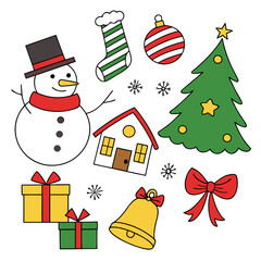 Cute Christmas Illustration Set with Snowman and Tree
