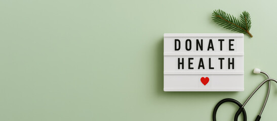 Medical wellness concept with lightbox message donate health, green background