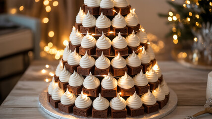 Illustration of brownie tower cake with white cream frosting for celebration