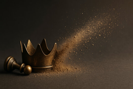 Crown disintegrating with pawn piece symbolizing overthrow or protest concept