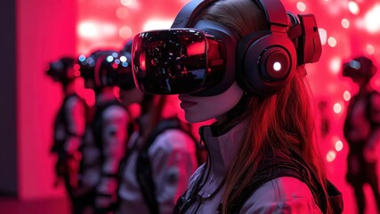 Virtual reality enthusiasts engaged in immersive experience at technology exhibition in a vibrant and futuristic environment