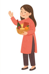 Vietnamese Woman Holding a Tet Gift Basket