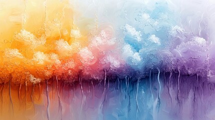 An abstract watercolor painting with a textured, impasto-like application of paint. The composition features a gradient of colors, transitioning from warm orang
